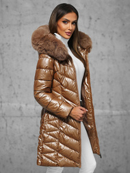 Kurtka zimowa damska długa z futerkiem camelowa OZONEE JS/16M9100/84