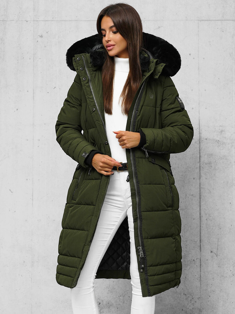 Kurtka zimowa damska długa pikowana khaki OZONEE O/W377