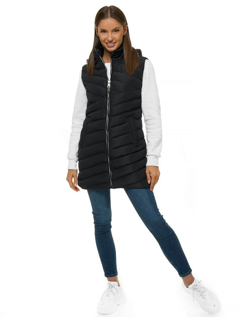 Kamizelka damska długa pikowana z kapturem czarna OZONEE N/6805/1