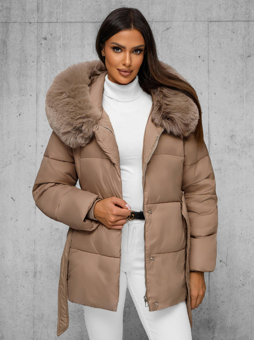 Kurtka zimowa damska z futerkiem beżowa OZONEE JS/16M9206/62Z