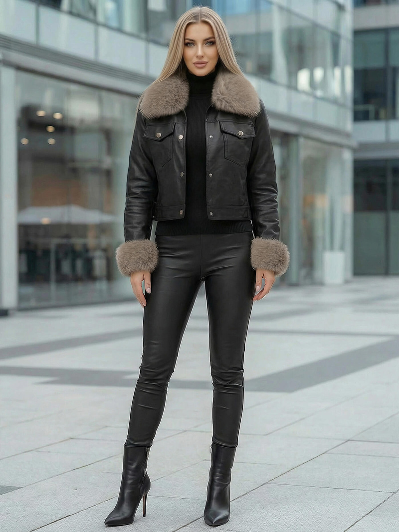 Kurtka skórzana damska z futerkiem czarno-beżowa OZONEE JS/61M8513/392B