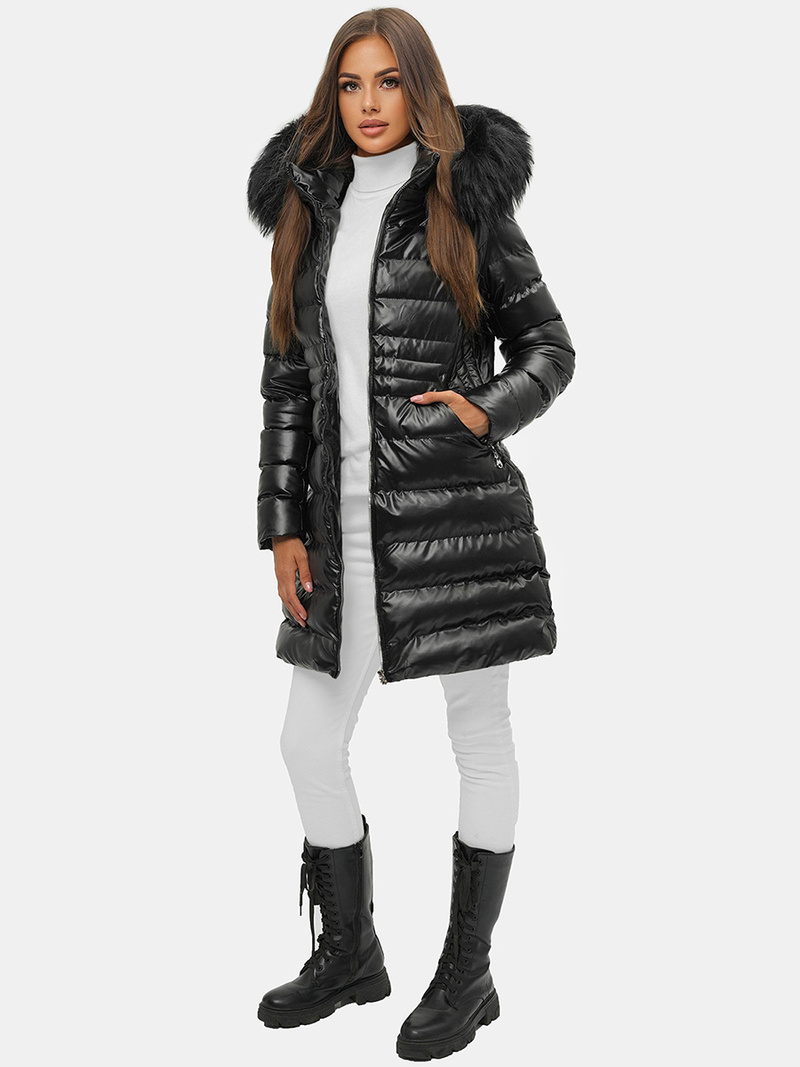 Kurtka zimowa damska z futerkiem czarna OZONEE JS/M777/392A