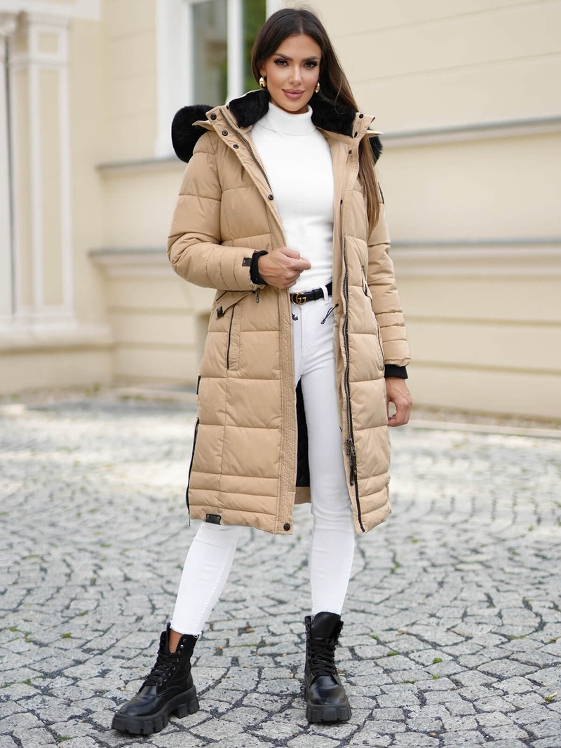 Kurtka zimowa damska długa pikowana beżowa OZONEE O/W377Z