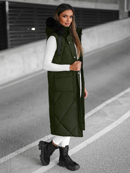 Kamizelka damska długa pikowana z futerkiem ciemno-zielona OZONEE JS/5M3166/136Z