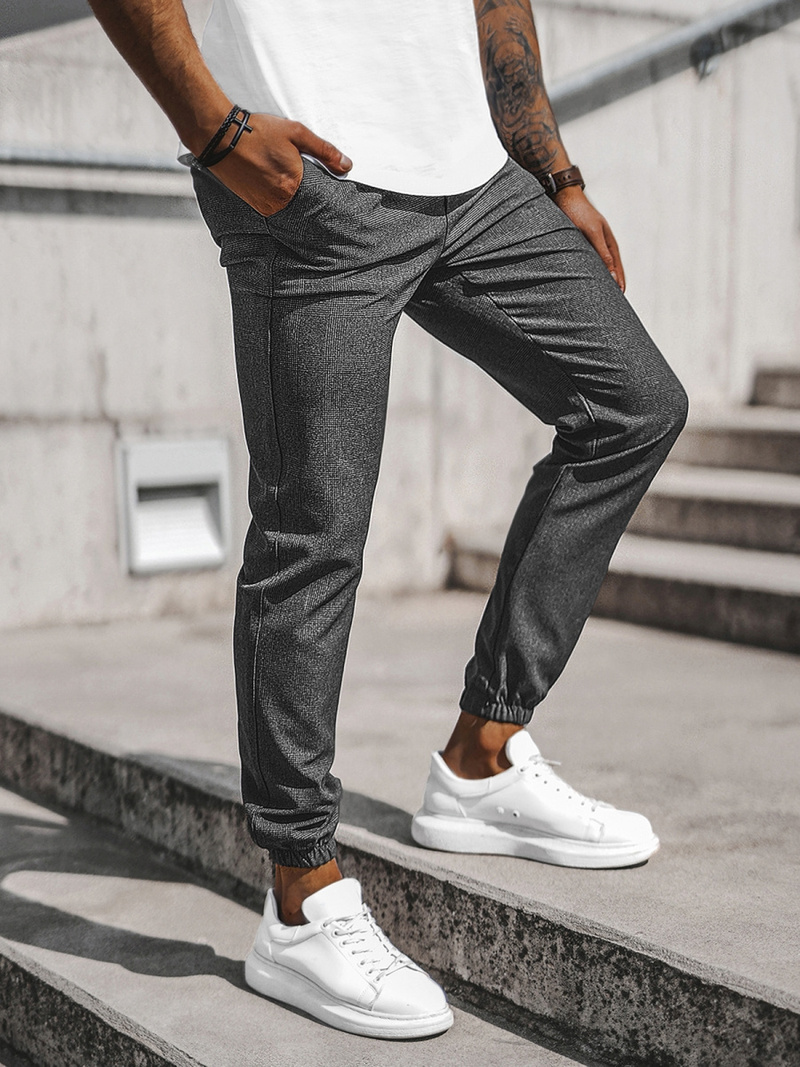 Spodnie męskie chino joggery w kratę grafitowe OZONEE DJ/2294/22Z