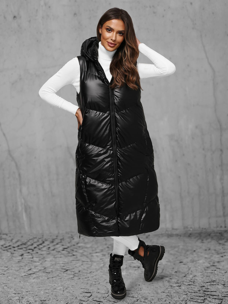 Kamizelka damska długa skórzana czarna OZONEE JS/5M3183/392