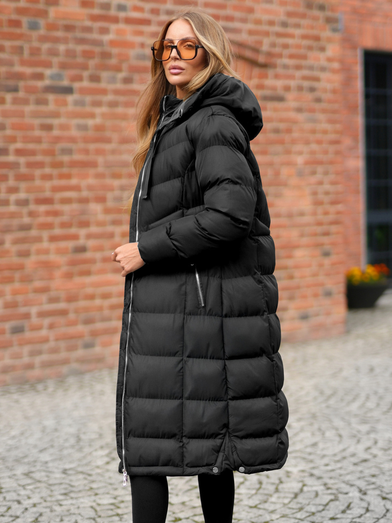 Kurtka zimowa damska długa pikowana czarna OZONEE JS/M736/392Z