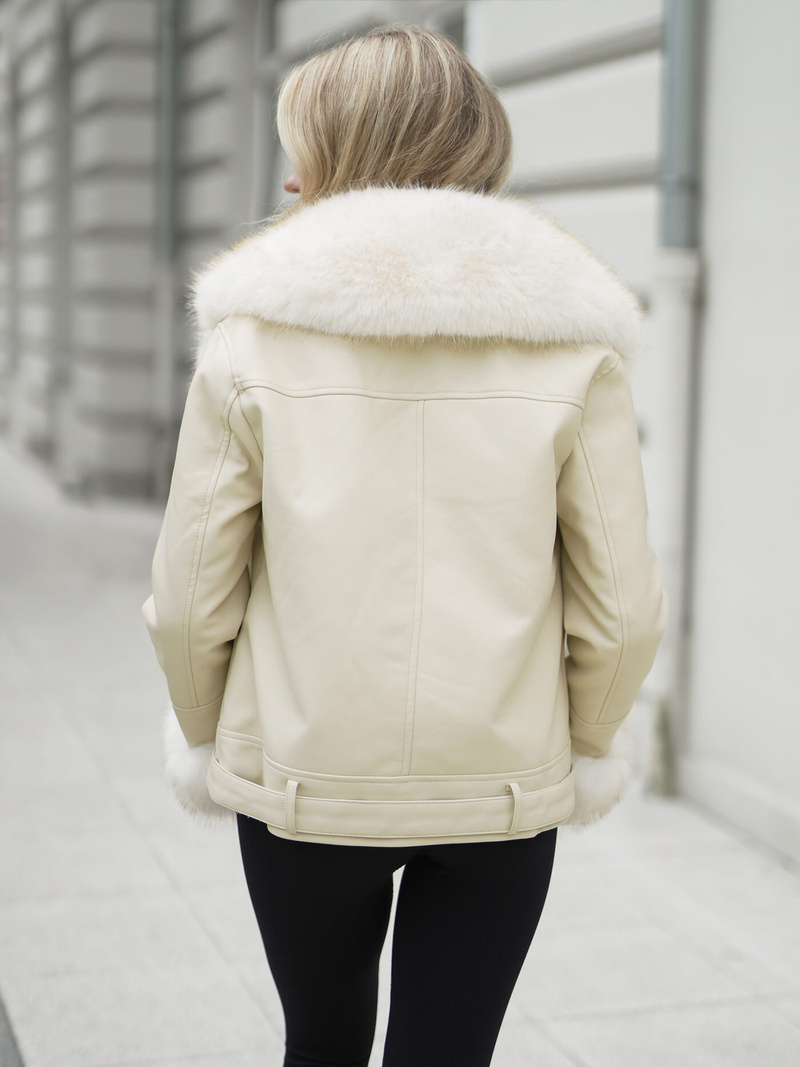 Kurtka skórzana damska z futerkiem ecru OZONEE JS/61M8507/280Z
