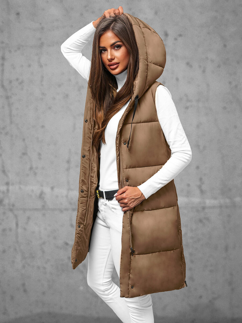 Kamizelka damska długa pikowana z kapturem ciemno-beżowa OZONEE JS/16M9093/62Z