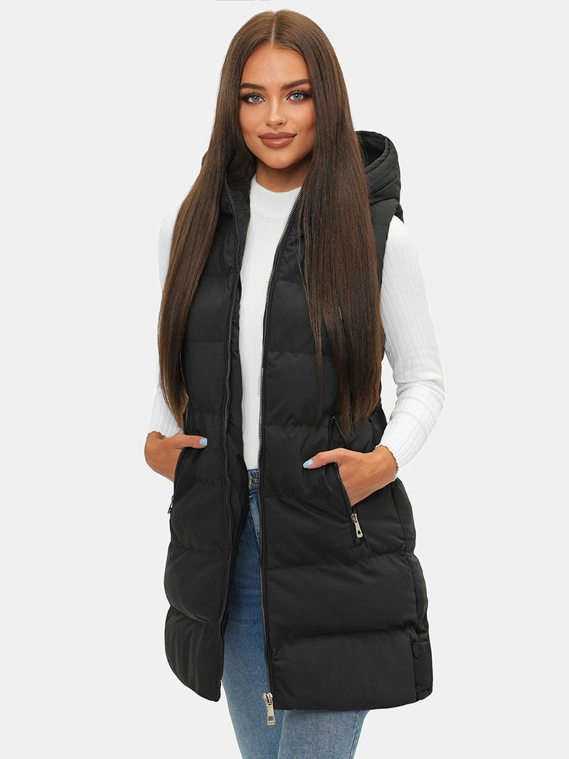 Kamizelka damska długa pikowana z kapturem czarna OZONEE N/7046