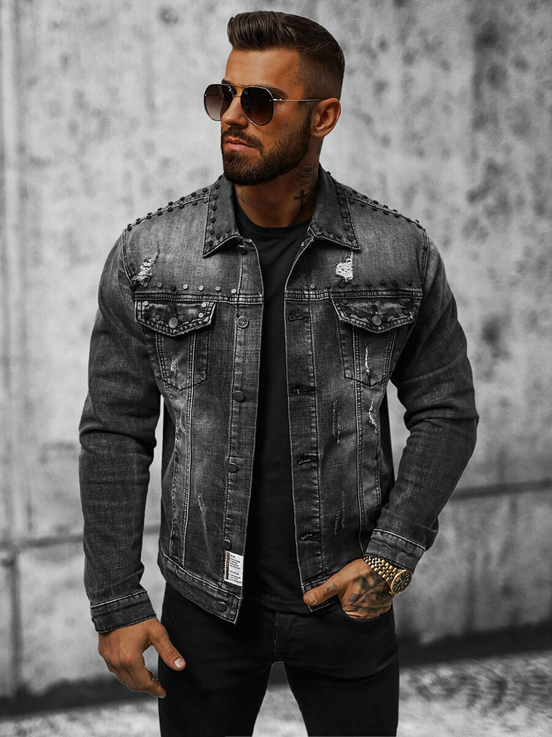 Kurtka męska jeansowa z nitami czarna OZONEE NB/MJ504NZ