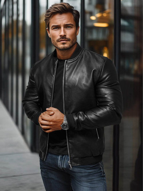 Kurtka skórzana męska bomberka czarna OZONEE JS/11Z8106Z