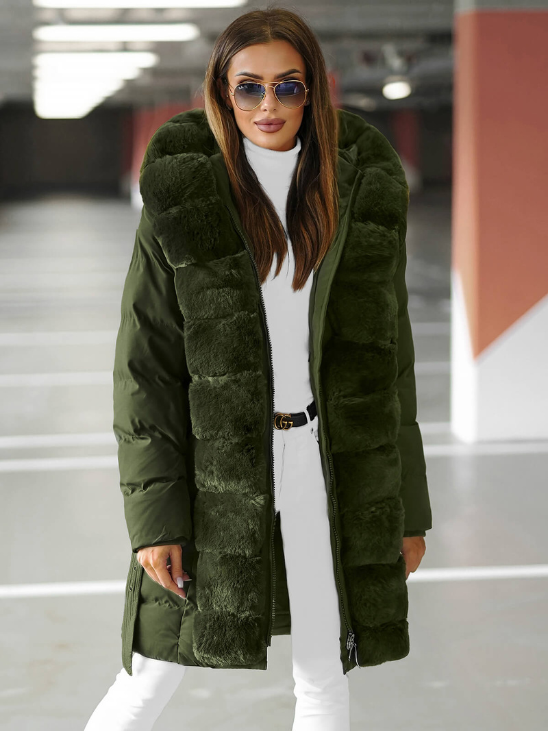 Kurtka zimowa damska długa z futerkiem ciemno-zielona OZONEE JS/5M3158/136Z