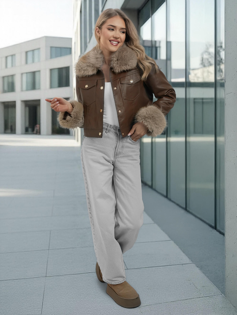 Kurtka skórzana damska z futerkiem czekoladowa OZONEE JS/61M8513/158