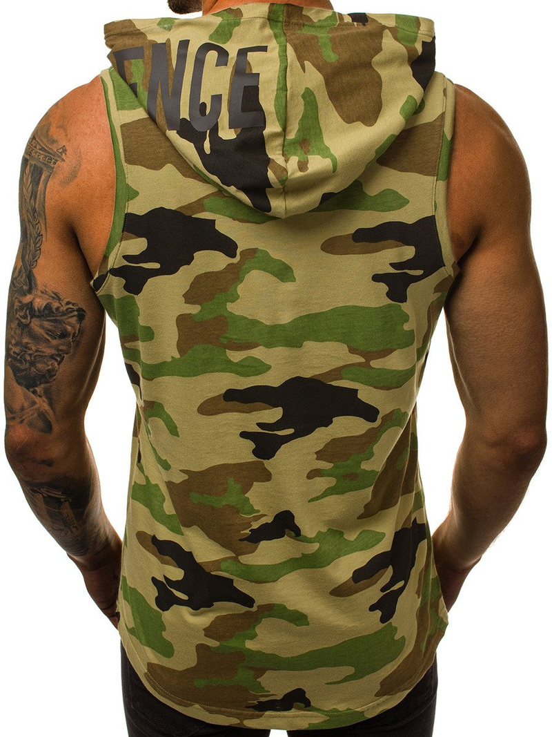 Koszulka bez rękawów z kapturem męska zielony-moro OZONEE O/2537