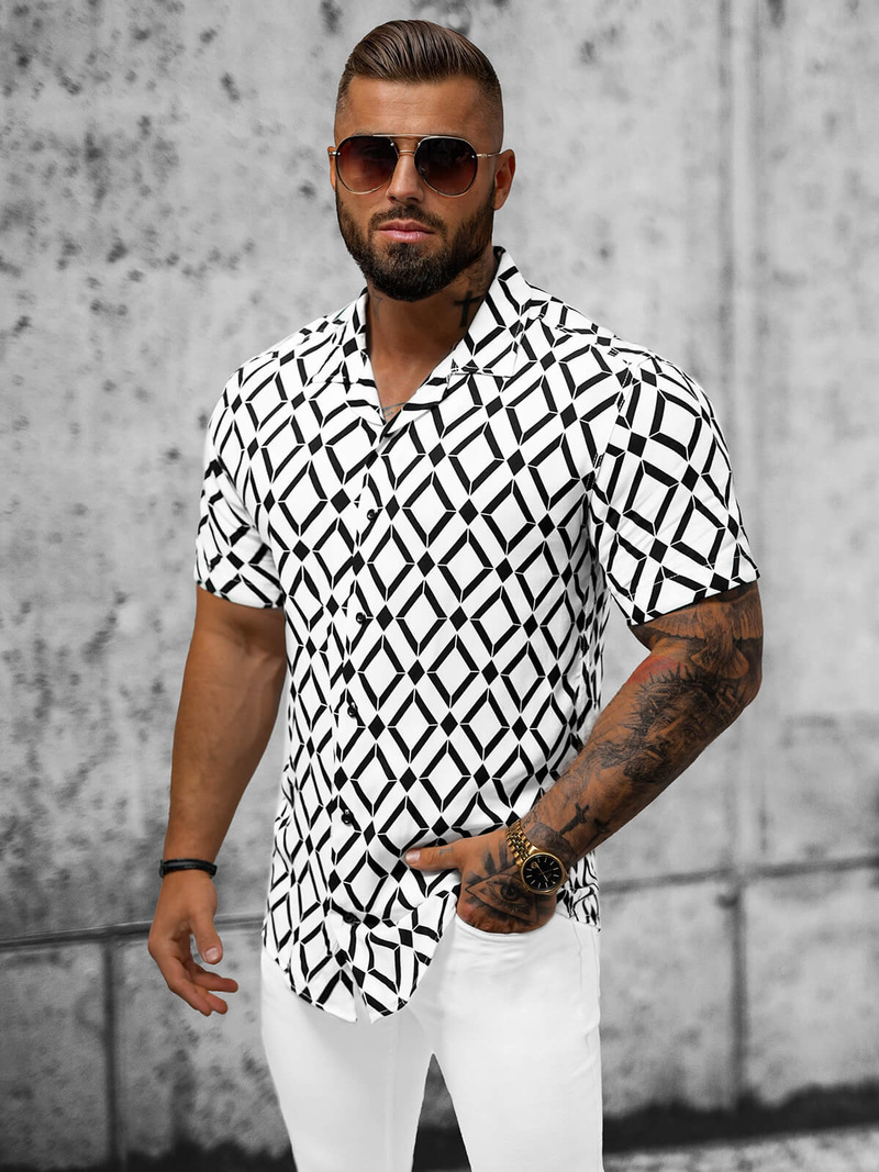 Koszula męska z krótkim rękawem biało-czarna OZONEE E/1400/139Z