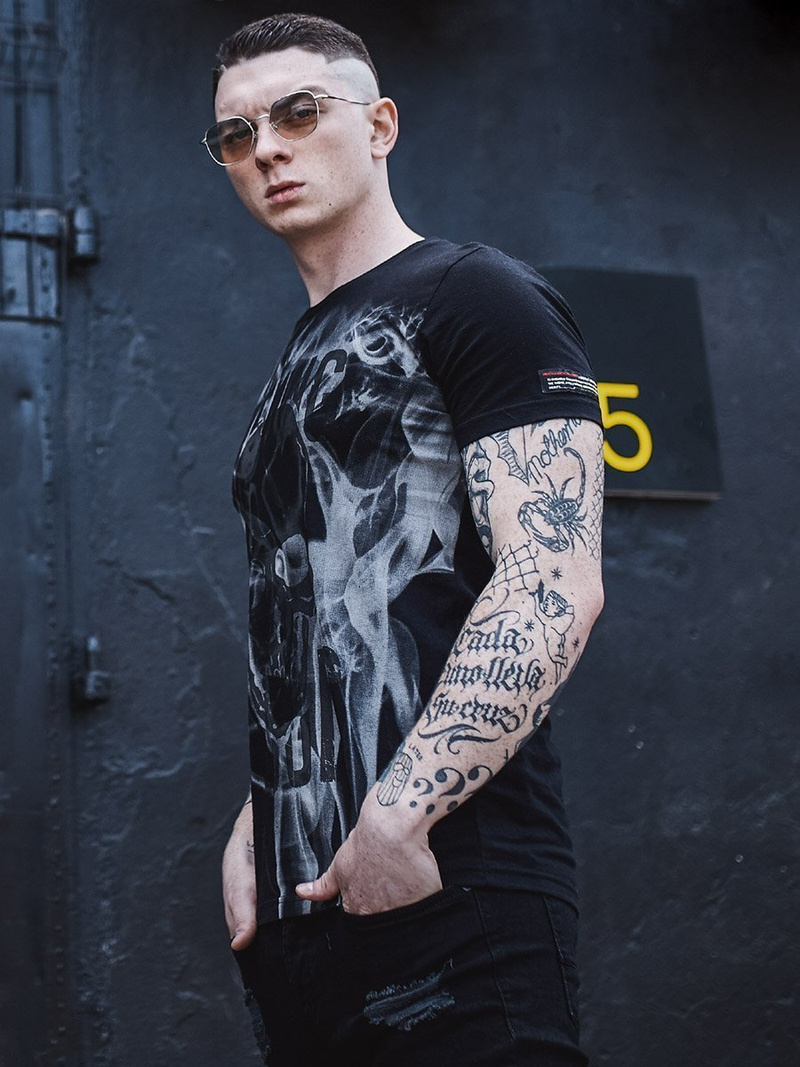 T-Shirt męski z nadrukiem czarny OZONEE MECH/2074TZ