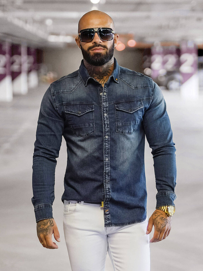 Чоловіча джинсова сорочка tемно-cиня OZONEE O/51411