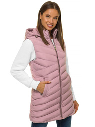 Kamizelka damska długa pikowana z kapturem pudrowa OZONEE N/6805/5