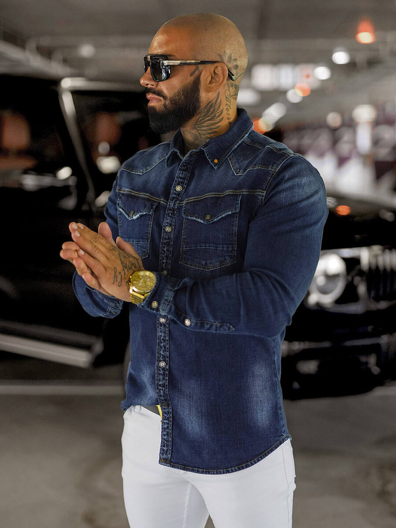 Koszula męska jeansowa niebieska OZONEE O/51412