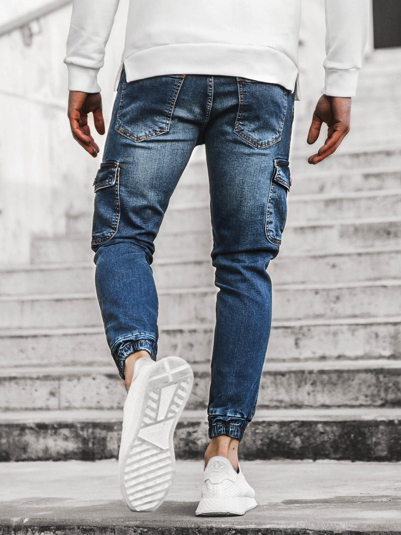 Spodnie jeansowe joggery męskie ciemno-niebieskie OZONEE G/1064