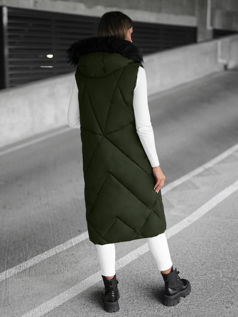 Kamizelka damska długa pikowana z futerkiem ciemno-zielona OZONEE JS/5M3166/136Z