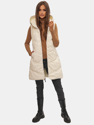Kamizelka damska dwustronna długa pikowana z kapturem ecru OZONEE O/DK118/10