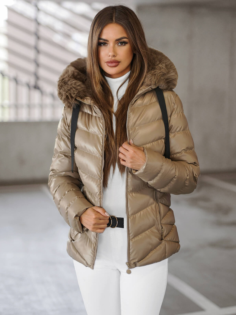 Kurtka zimowa damska pikowana z futerkiem beżowa OZONEE JS/5M3138/62Z