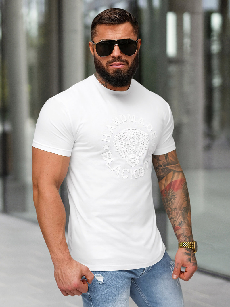 T-shirt męski slim fit z wypukłym nadrukiem mono biały OZONEE NB/MT3019/02