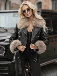 Kurtka ramoneska damska z futerkiem czarno-beżowa OZONEE JS/61M8512/392BZ