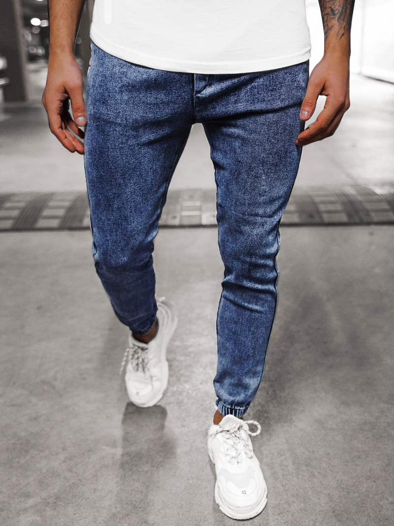 Spodnie jeansowe joggery męskie ciemno-niebieskie OZONEE DJ/5671