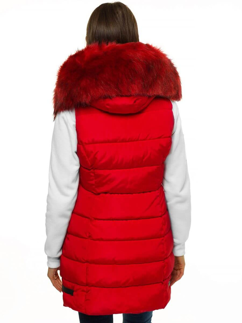 Kamizelka damska długa pikowana z futerkiem czerwona OZONEE O/M205/4