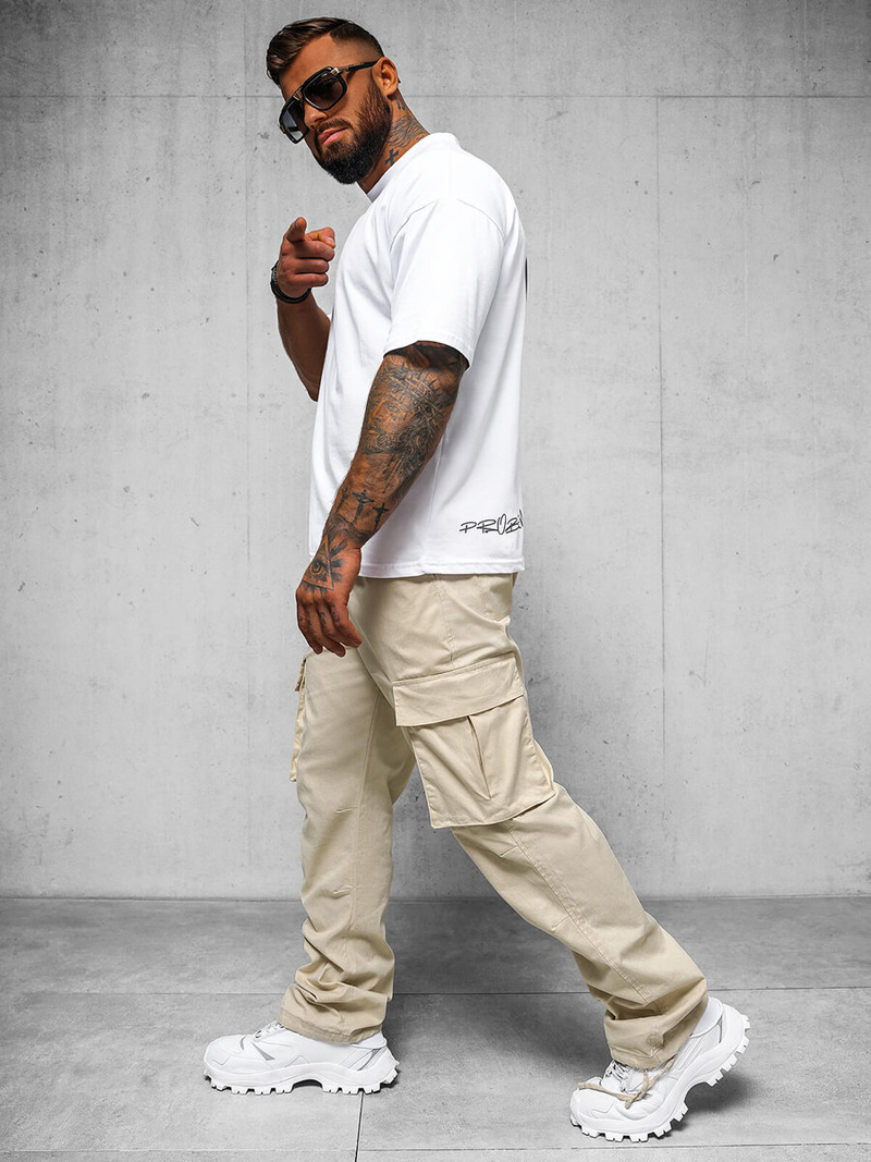 Spodnie męskie cargo wide leg beżowe OZONEE O/G3179Z