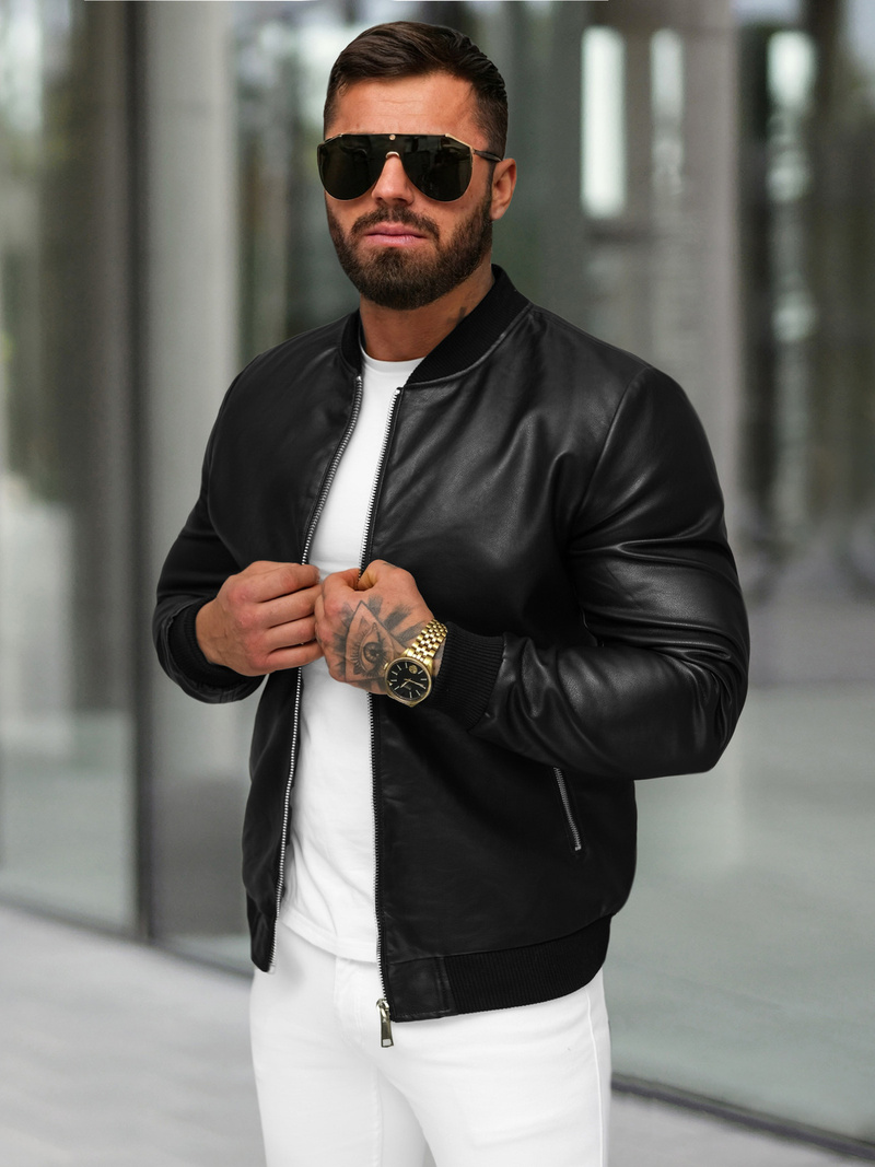 Чоловіча шкіряна куртка Чорна OZONEE JS/11Z8107