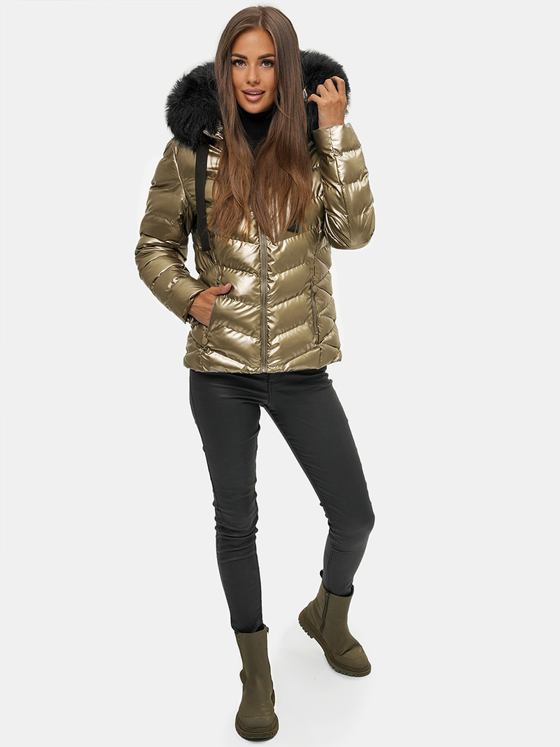 Kurtka zimowa damska z futerkiem złota OZONEE JS/M773/403