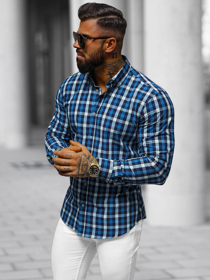 Koszula męska w kratę granatowa OZONEE O/V97