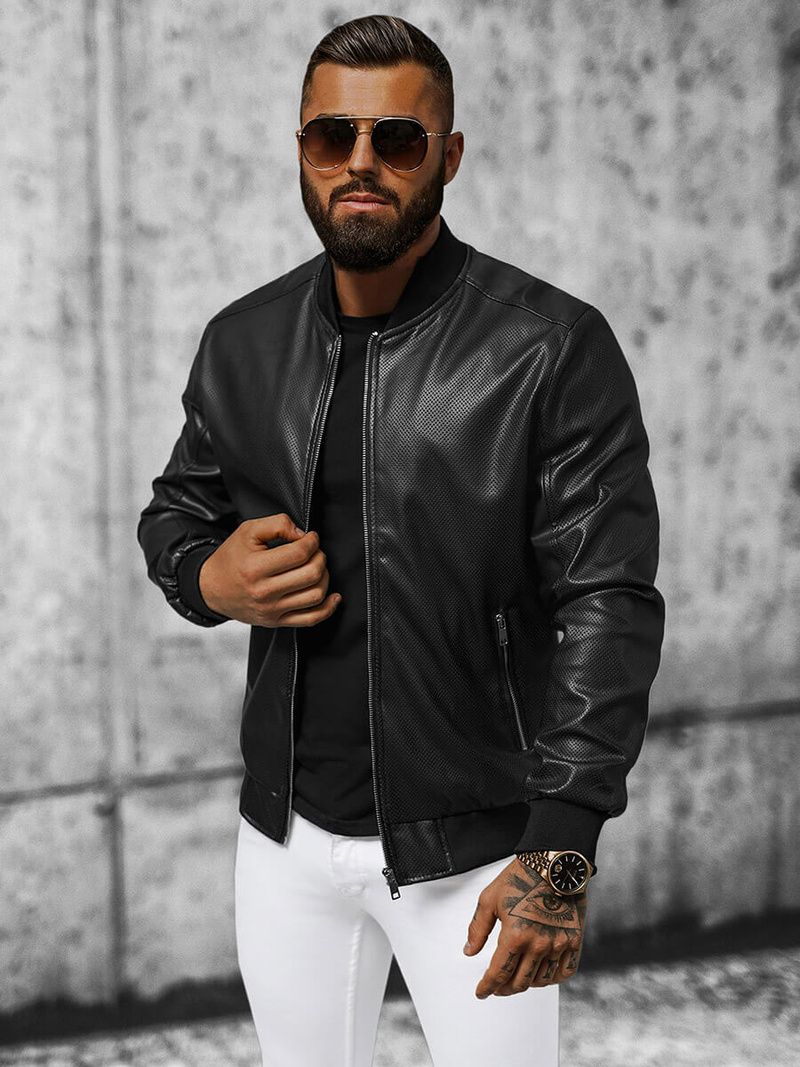 Kurtka przejściowa skórzana męska bomberka czarna OZONEE N/7110/1