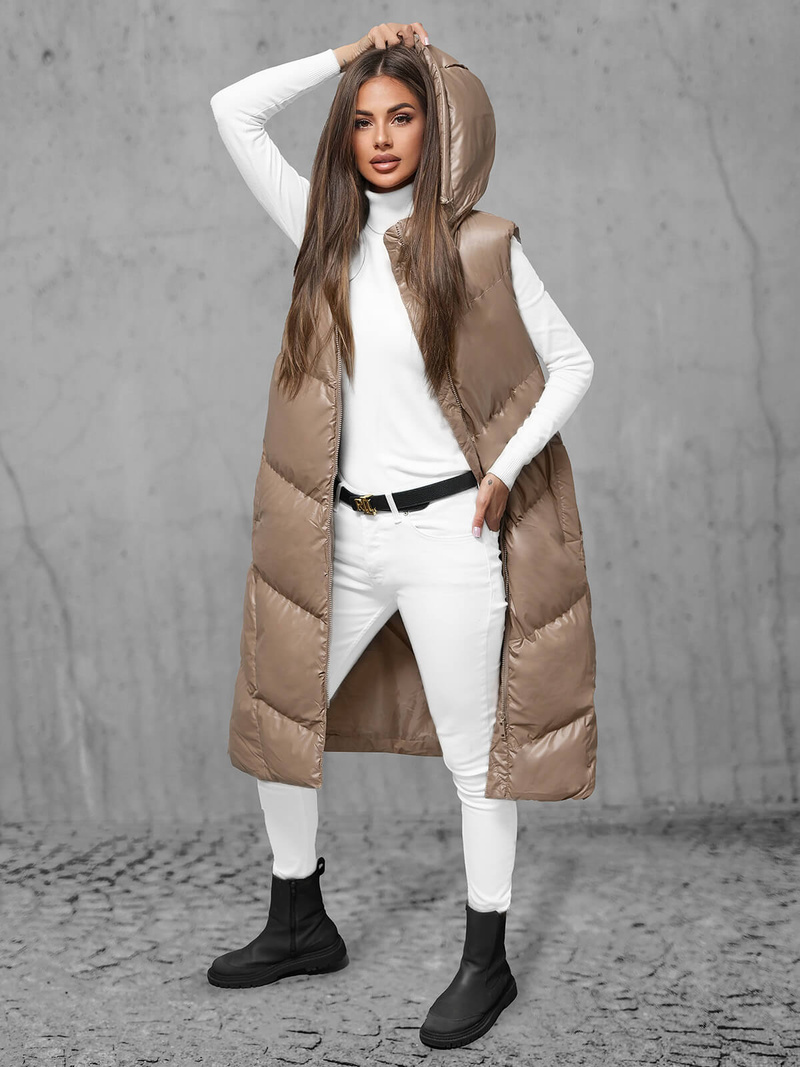 Kamizelka damska długa skórzana camelowa OZONEE JS/5M3183/84