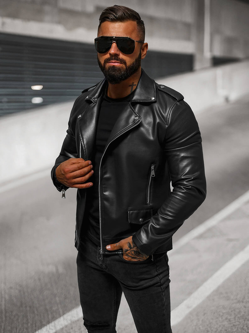 Kurtka skórzana męska ramoneska czarna OZONEE O/88121