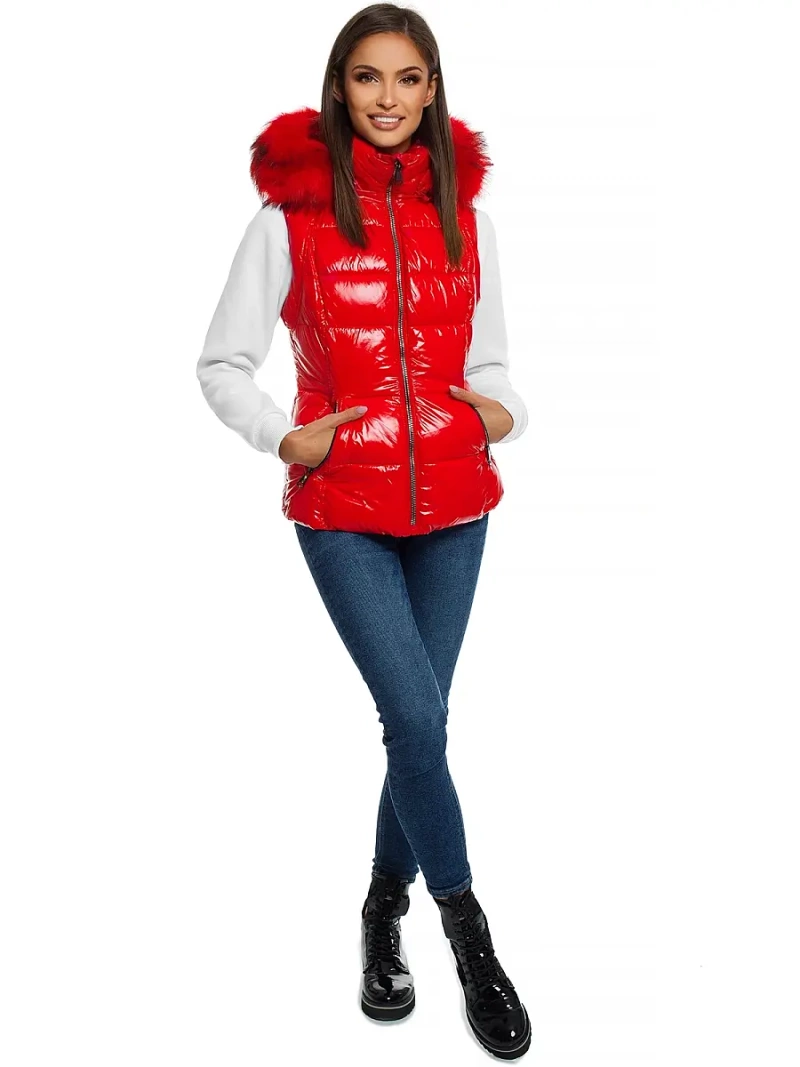 Kamizelka damska pikowana z futerkiem czerwona OZONEE O/DK027/4
