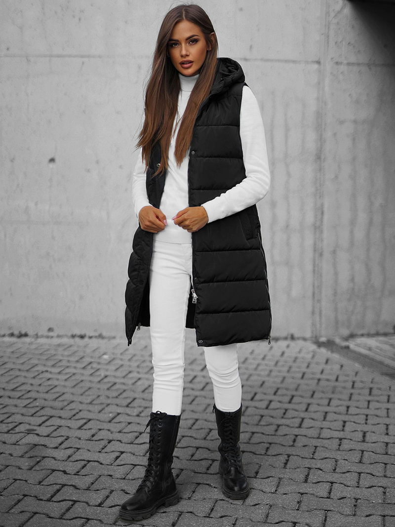 Kamizelka damska długa z kapturem czarna OZONEE O/81260Z