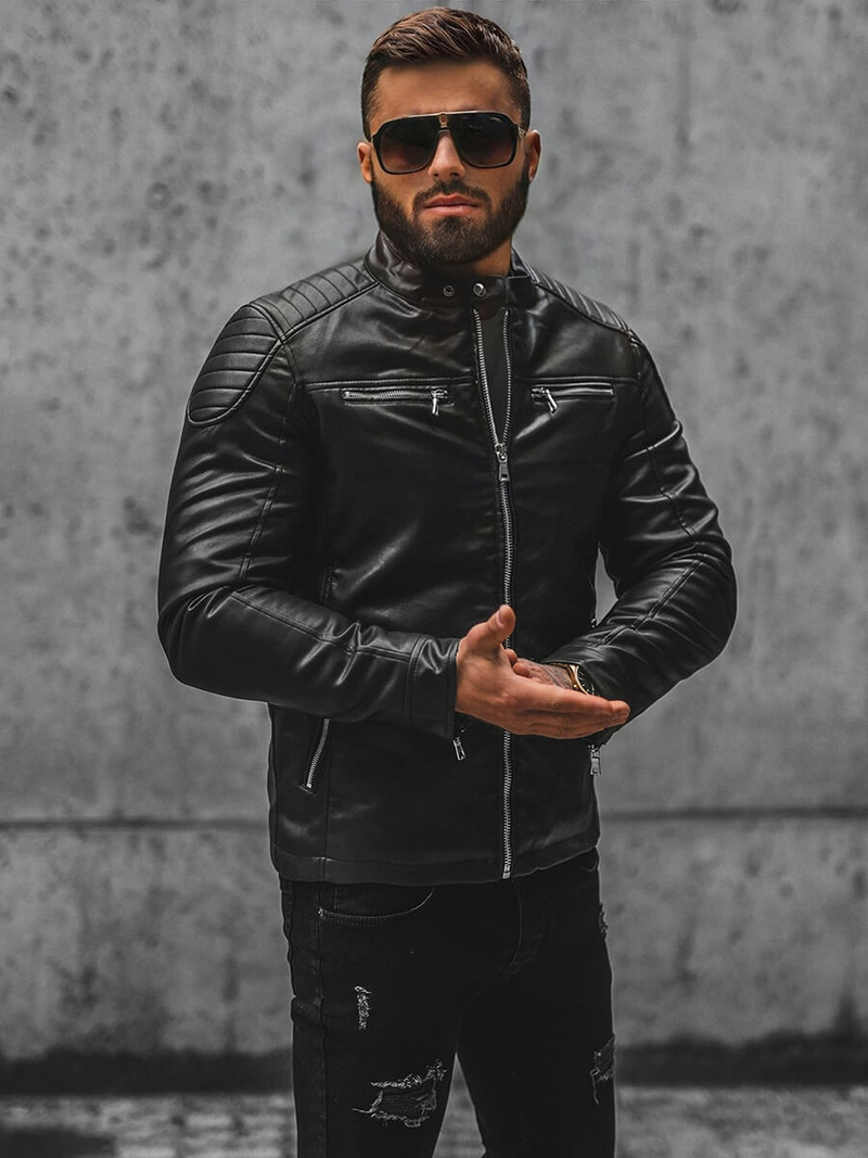 Чоловіча шкіряна куртка Чорна OZONEE JS/11Z8001Z