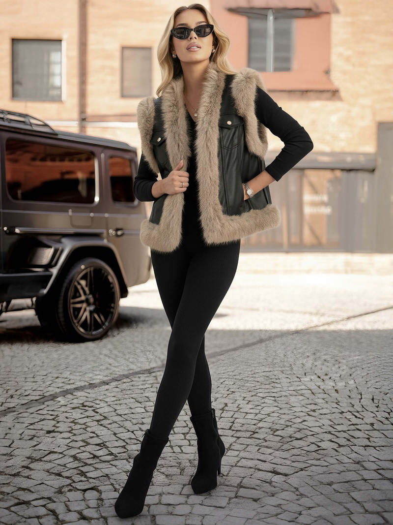 Kamizelka skórzana damska z futerkiem czarna OZONEE JS/61M8516/392