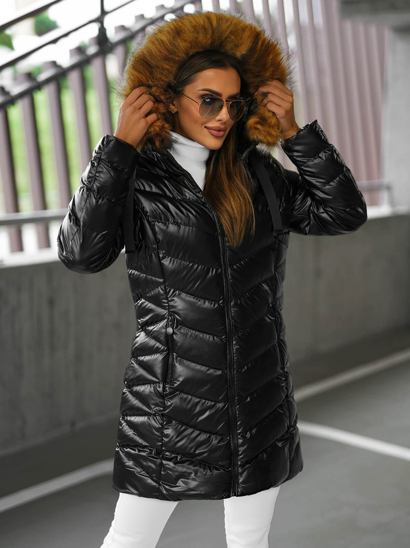 Kurtka zimowa damska długa z futerkiem czarno-brązowa OZONEE JS/5M3139/392BZ