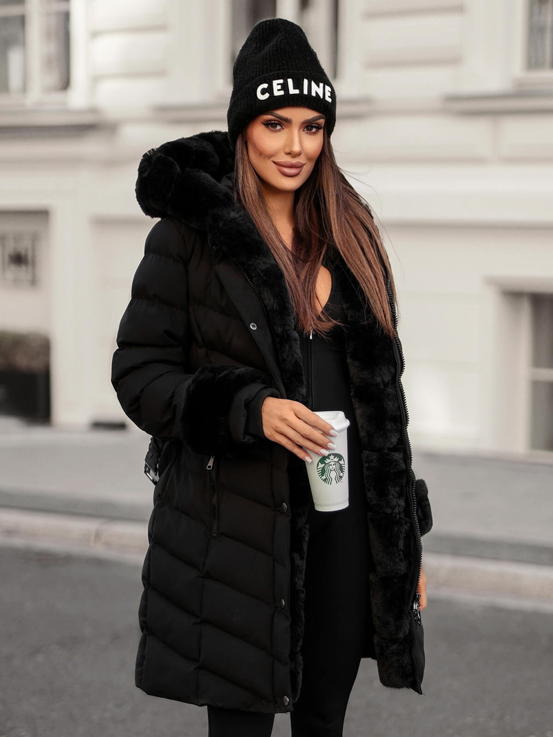 Kurtka zimowa damska długa z futerkiem czarna OZONEE JS/5M3156/392Z