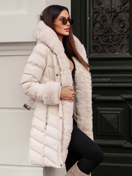 Kurtka zimowa damska długa z futerkiem ecru OZONEE JS/5M3156/254Z