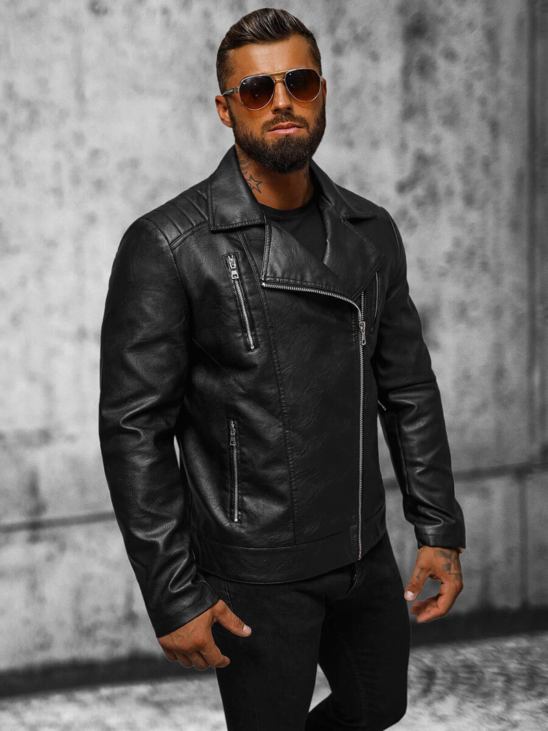 Kurtka skórzana męska ramoneska czarna OZONEE JS/11Z8067