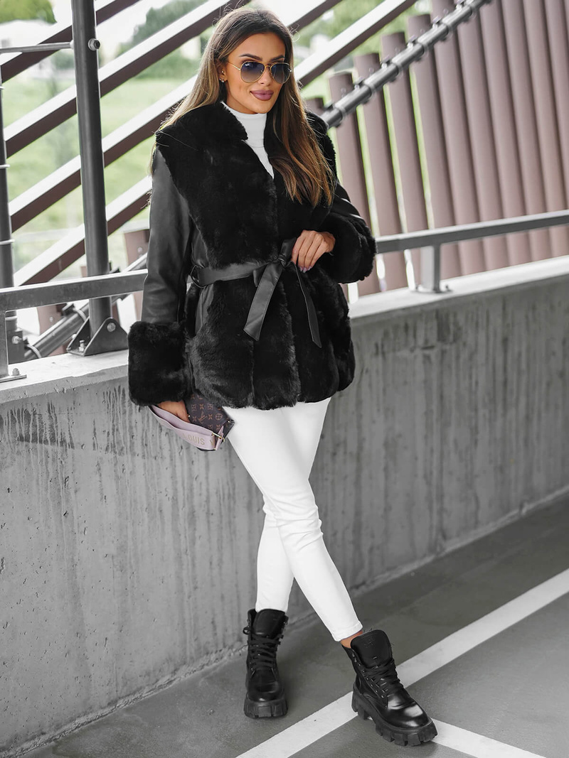 Kurtka zimowa skórzana damska z futerkiem czarna OZONEE JS/11Z8079Z