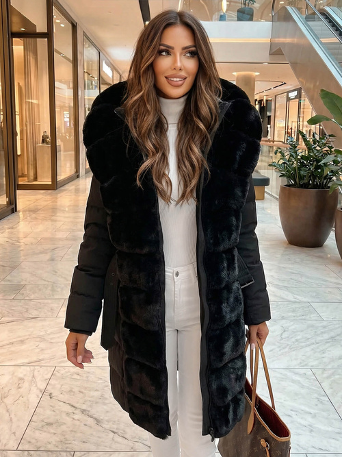 Kurtka zimowa damska długa z futerkiem czarna OZONEE JS/5M3158/392Z