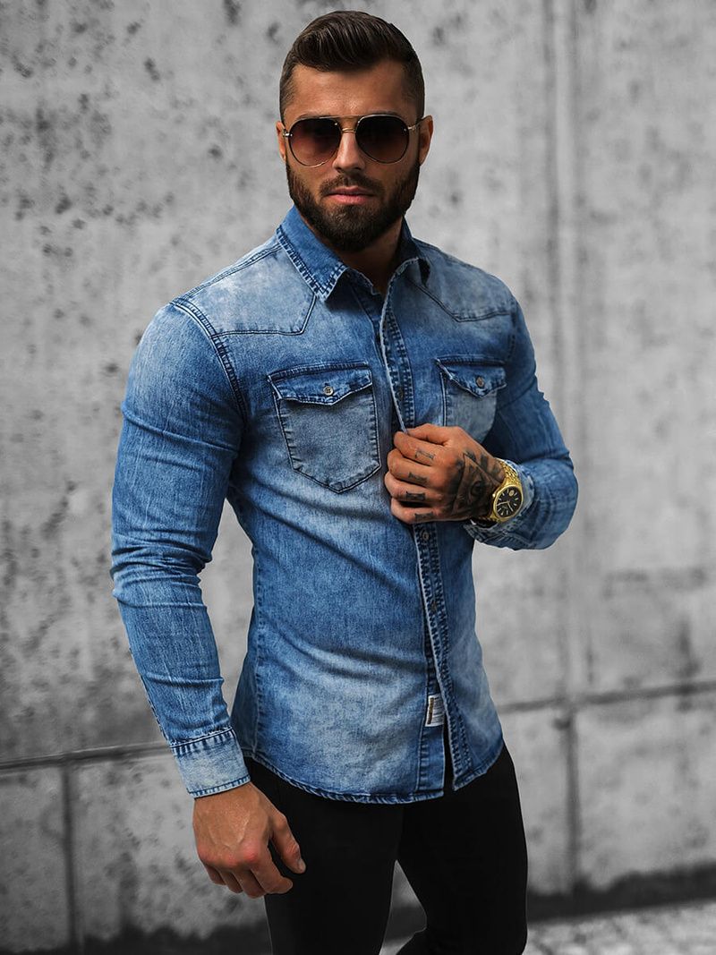 Чоловіча джинсова сорочка tемно-cиня OZONEE NB/MC710BS